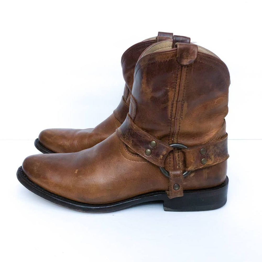 Frye Wyatt Cognac Brown Leather Harness Ankle Boots Booties Size 6.5
